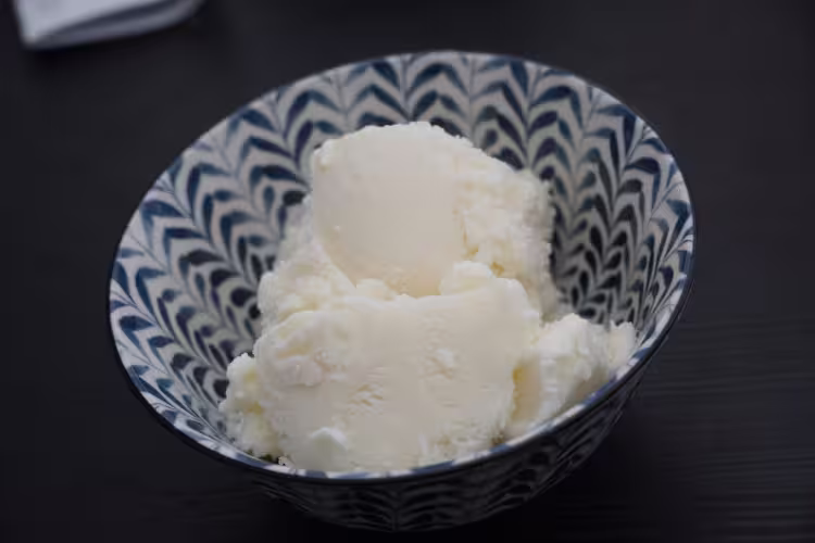 Two scoops of vanilla icecream in a small Japanese porcelain bowl that is patterned with blue and white stripes shaped like willow leaves